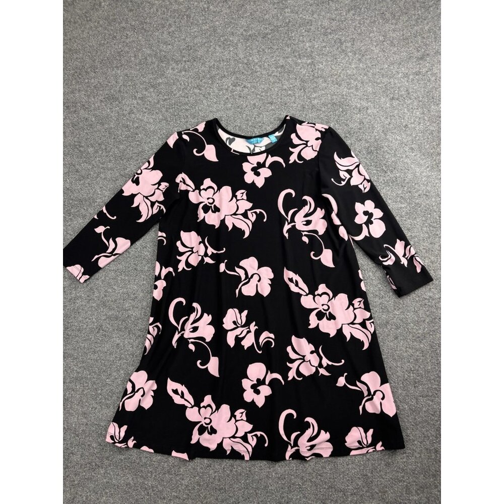 Tori Richard Dress Womens Small Black Pink Hibiscus 3/4 Sleeve A-Line Made USA